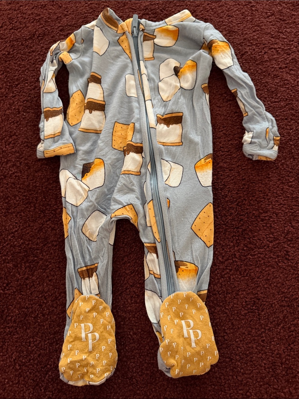 Newborn One-Piece Footed Pajamas in Light Blue with S'mores Print